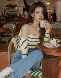 Contrast Striped Button-Down Two-Piece Knit Top