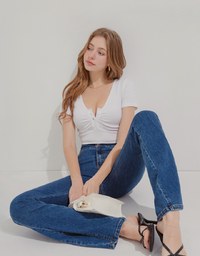 V-Neck Ruffled Button-Up Knit Crop Top