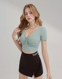 V-Neck Ruffled Button-Up Knit Crop Top