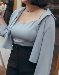 Button Up Two Piece Crop Blouse Shirt (With Padding)