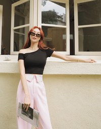 Sloping Shoulder Silky Crop Top