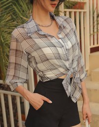 Sheer Tie Ribbon Checkered Blouse Shirt