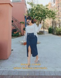 High Waisted Button-Front Slit Denim Jeans Maxi Skirt