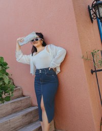 High Waisted Button-Front Slit Denim Jeans Maxi Skirt