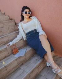 High Waisted Button-Front Slit Denim Jeans Maxi Skirt