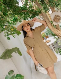 Open Collar Button Down Waist Mini Dress