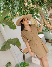 Open Collar Button Down Waist Mini Dress