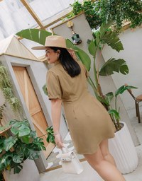 Open Collar Button Down Waist Mini Dress
