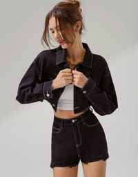 Stitched Denim Jeans Crop Blazer Jacket