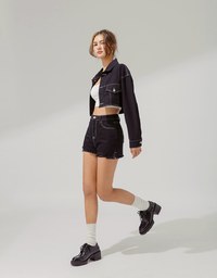 Stitched Denim Jeans Crop Blazer Jacket
