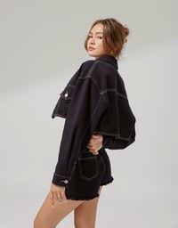 Stitched Denim Jeans Crop Blazer Jacket