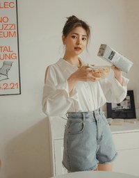 Plain Cutout Button-down Loose Long-sleeved Shirt