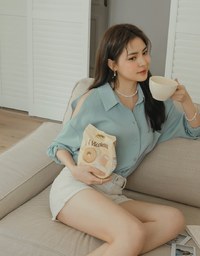 Plain Cutout Button-down Loose Long-sleeved Shirt