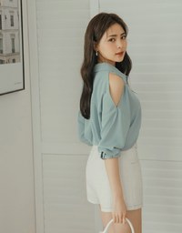 Plain Cutout Button-down Loose Long-sleeved Shirt