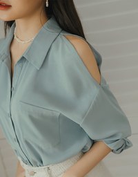 Plain Cutout Button-down Loose Long-sleeved Shirt