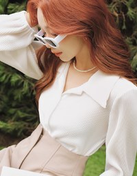 Lapel Buttoned Pleated Crop Top