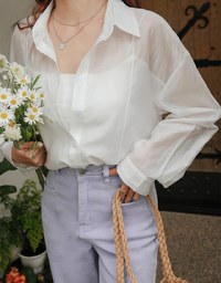 Fake Two Piece Tencel Sheer Blouse Shirt