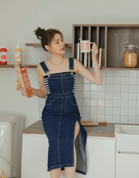 Side Slit Suspender Denim Jeans Maxi Dress
