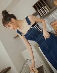 Side Slit Suspender Denim Jeans Maxi Dress