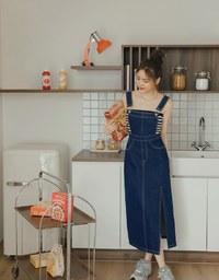 Side Slit Suspender Denim Jeans Maxi Dress