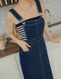 Side Slit Suspender Denim Jeans Maxi Dress