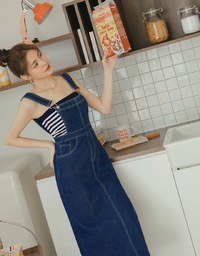 Side Slit Suspender Denim Jeans Maxi Dress