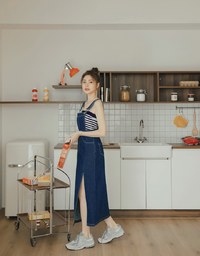 Side Slit Suspender Denim Jeans Maxi Dress