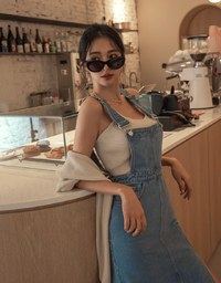 Side Slit Suspender Denim Jeans Maxi Dress