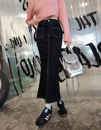 Front Slit Stitched Denim Jeans Maxi Skirt