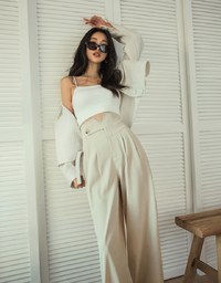 V Cut Side Button Pleated High Waisted Pant