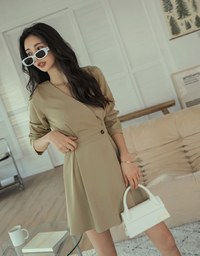 Overlap V Neck Side Button Loose Mini Dress
