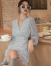 V Neck Floral Splice Ruffled Mini Dress