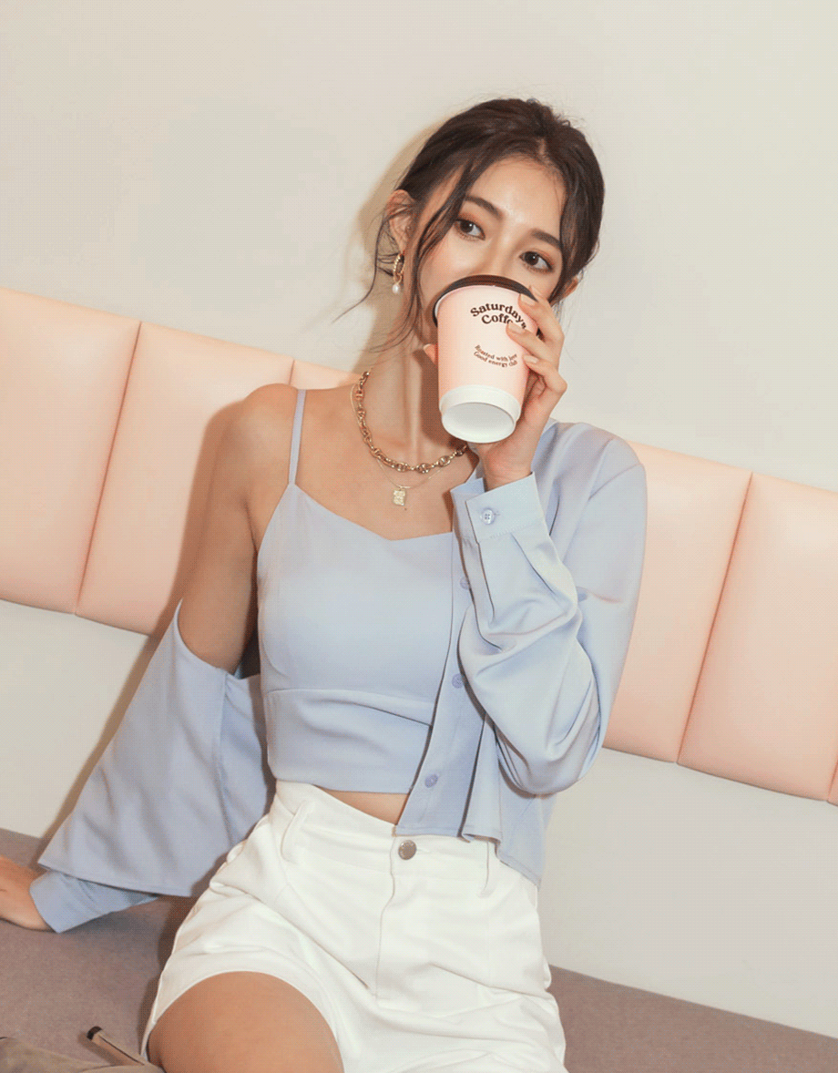 Button Up Two Piece Crop Blouse Shirt (With Padding)