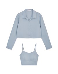 Button Up Two Piece Crop Blouse Shirt (With Padding)