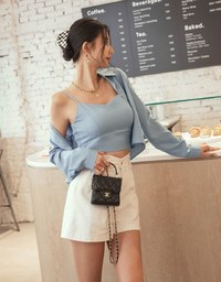 Button Up Two Piece Crop Blouse Shirt (With Padding)