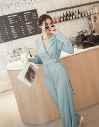Lapel Overlap Belted Jumpsuit