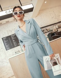 Lapel Overlap Belted Jumpsuit