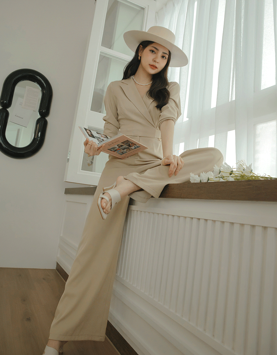 Lapel Overlap Belted Jumpsuit