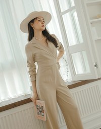 Lapel Overlap Belted Jumpsuit