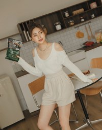 V Neck Cut Shoulder Sheer Knit Top