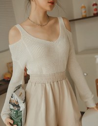 V Neck Cut Shoulder Sheer Knit Top