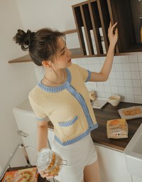 Contrast Color Button Pocket Knit Top