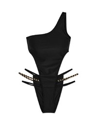 【PUSH UP 】One-Shoulder High Slit Gold Chain Hollow One-Piece Swimsuit Bra Padded