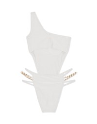 【PUSH UP 】One-Shoulder High Slit Gold Chain Hollow One-Piece Swimsuit Bra Padded