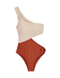 【PUSH UP 】 One-shoulder Color Block One-piece Swimsuit Bra Padded