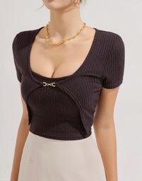Two-Piece Gold Button Knit Crop Top (With Padding)