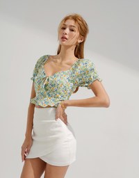 Puff-Sleeve Floral Cropped Top