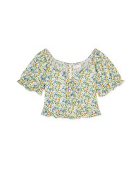 Puff-Sleeve Floral Cropped Top
