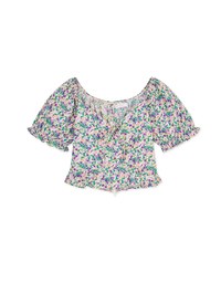 Puff-Sleeve Floral Cropped Top