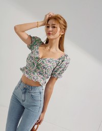 Puff-Sleeve Floral Cropped Top